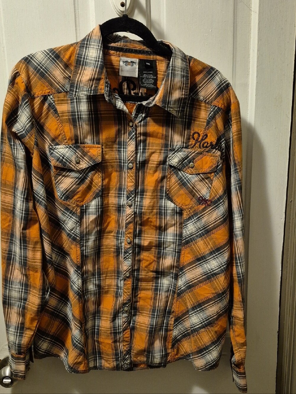 Harley-Davidson Orange Black Plaid Button-Down Shirt
